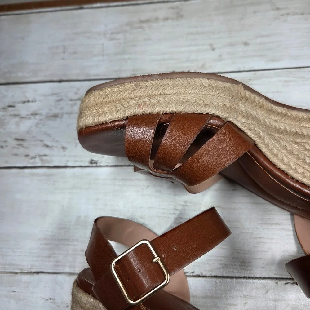 Time and Tru Espadrille Platform Wedge Sandals Women 8 Brown Knotted Ankle Strap